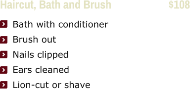 Haircut, Bath and Brush                     $108      Bath with conditioner     Brush out     Nails clipped     Ears cleaned     Lion-cut or shave