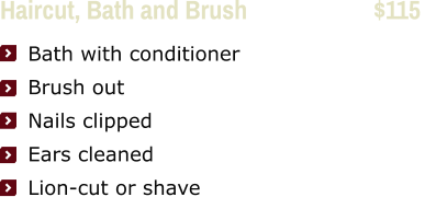Haircut, Bath and Brush                     $115      Bath with conditioner     Brush out     Nails clipped     Ears cleaned     Lion-cut or shave