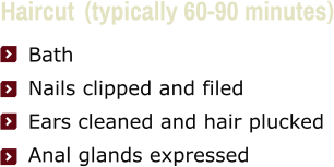 Haircut  (typically 60-90 minutes)     Bath     Nails clipped and filed     Ears cleaned and hair plucked     Anal glands expressed
